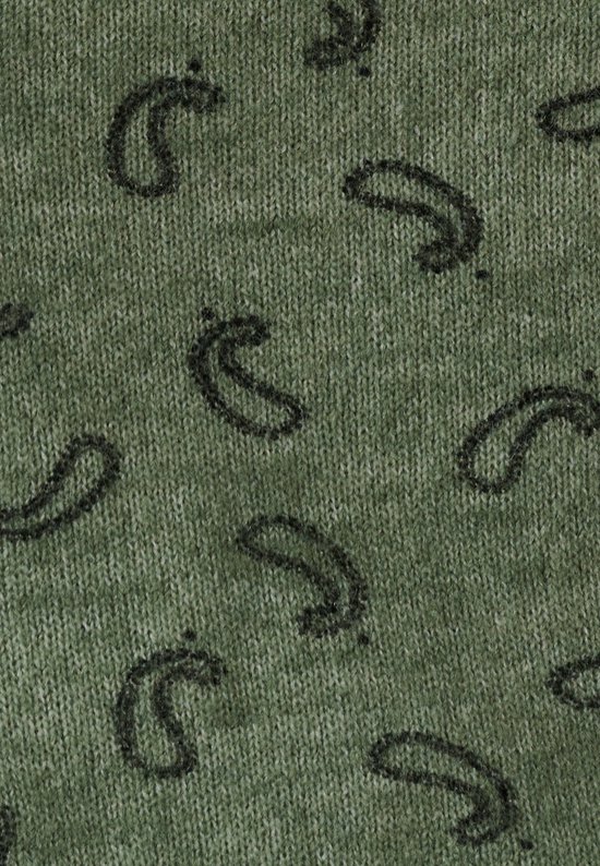 Detail van de groene trui met zwarte paisleypint.