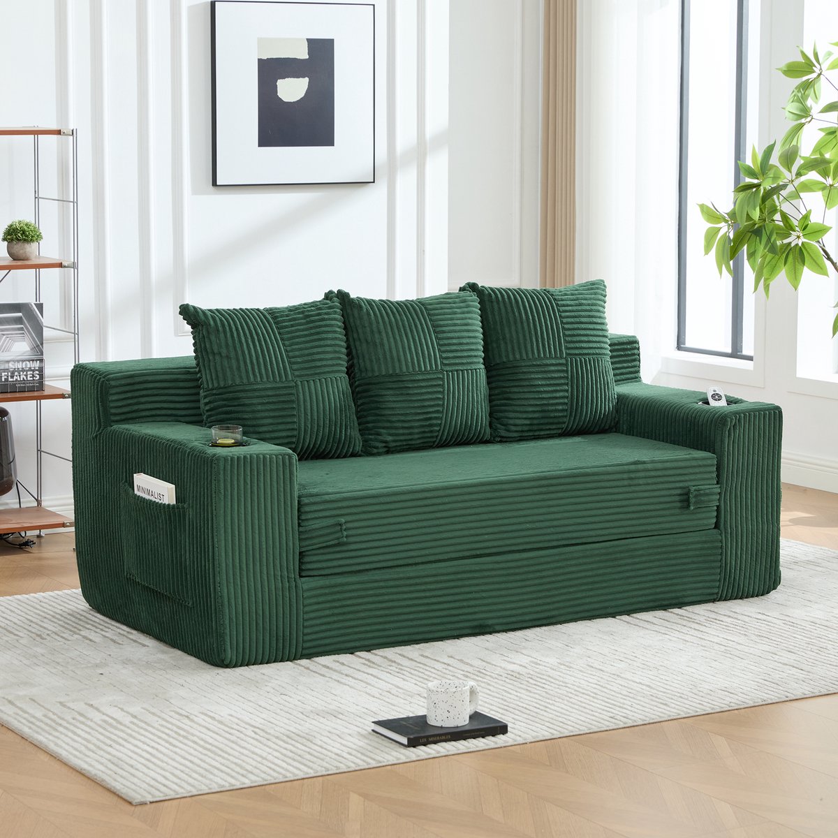 MIVRAY Bank 172 Cm Driezits Modulair Zitbank Met Bekerhouder En Zijvakken Voor Woonkamer En Studio Corduroy Emerald Groen