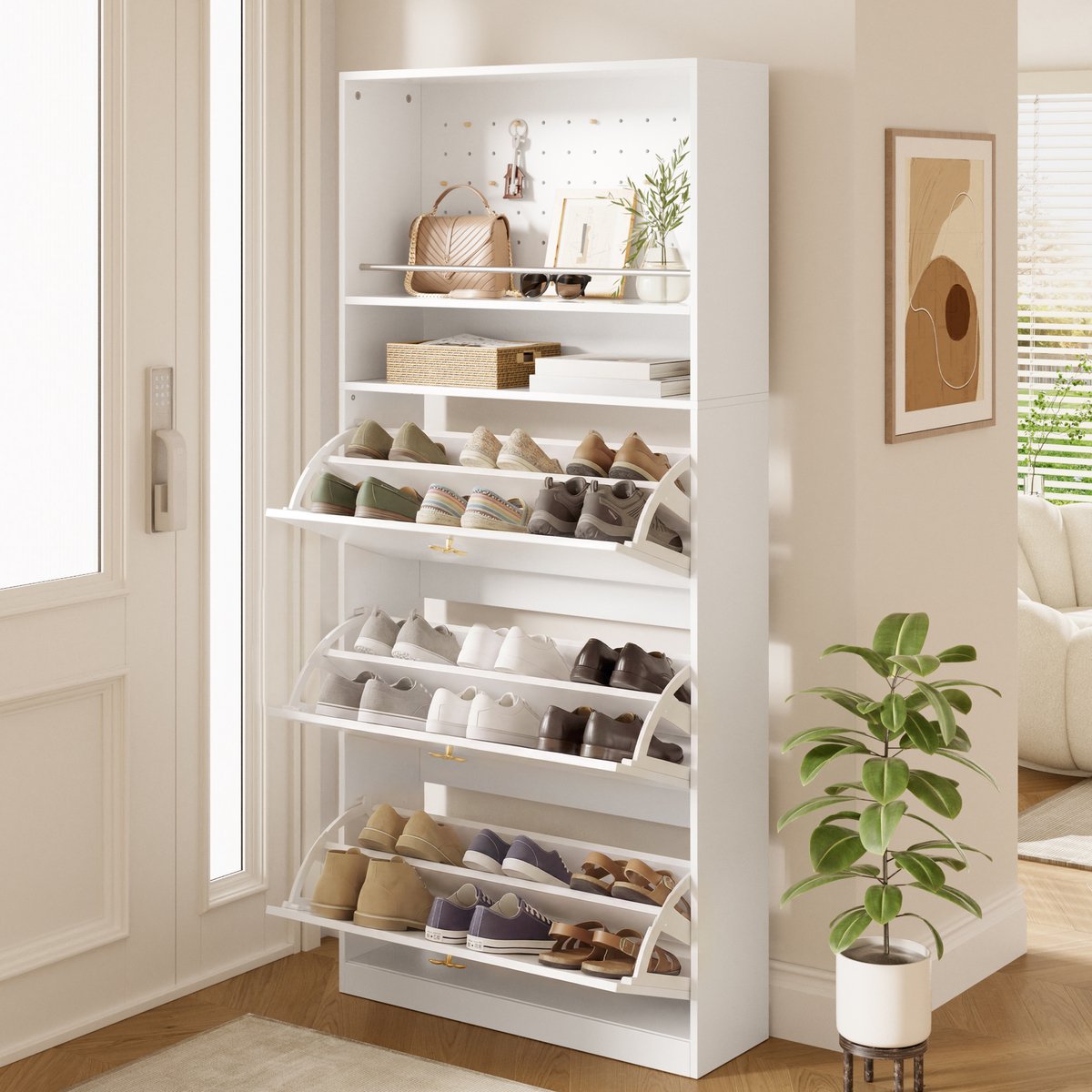 Schoenenkast Smal Modern Met 3 Klapvakken En 2 Open Vakken Voor Hal En Entree - Spaanplaat - Wit - 80x24x178,5 Cm