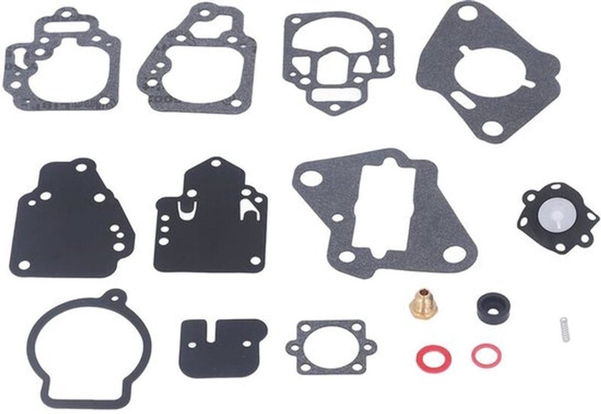 Reparatieset geschikt voor carburateurs van Mariner 6-25 pk motoren: 13 pakkingen, 2 verbindingsstukken, 1 veer.