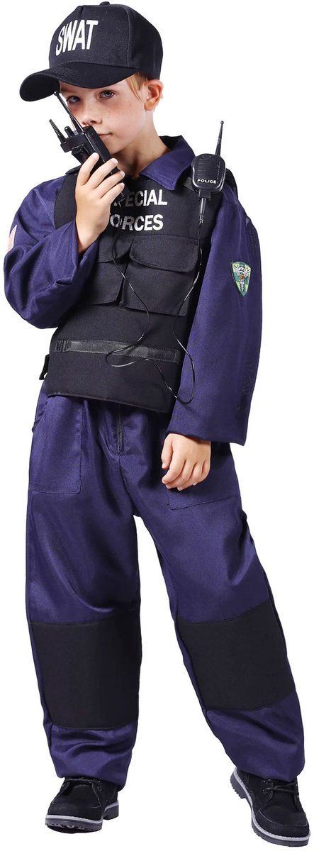 SWAT Kostuum Kinderen - Politie Kostuum - Overall Vest Pet Walkie Talkie - Luxe - Verkleedkleren Kinderen - Blauw/Zwart - Maat 152