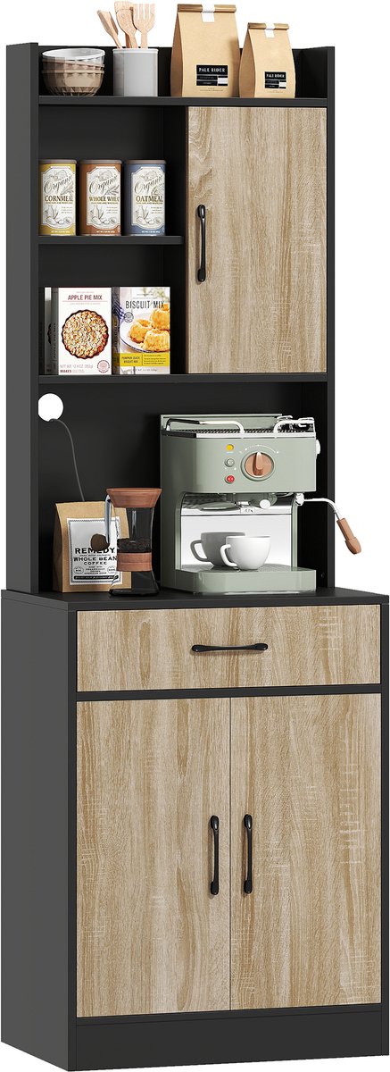 Keukenkast met werkblad en kabeldoorvoer - moderne keukenkast met lade - 3 open planken - naturel hout - zwart
