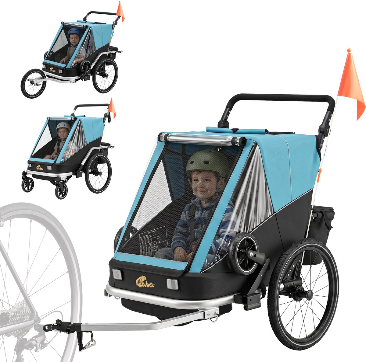 Fietsaanhanger voor kinderen - 2 zitplaatsen - 2 - in - 1 opvouwbare kinderfietsaanhanger met verstelbare zitting en riemen - blauw