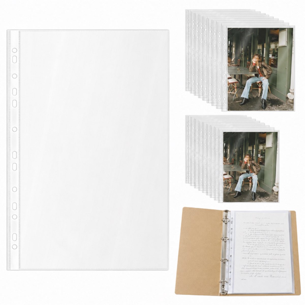 Fotohoezen - A4 TransparantFotobladen - TweeVak -Foto Insteekhoesjes -50 Stuks - voor 2/3/4 ringbanden - Zakformaat 21.5 x 31.1 cm