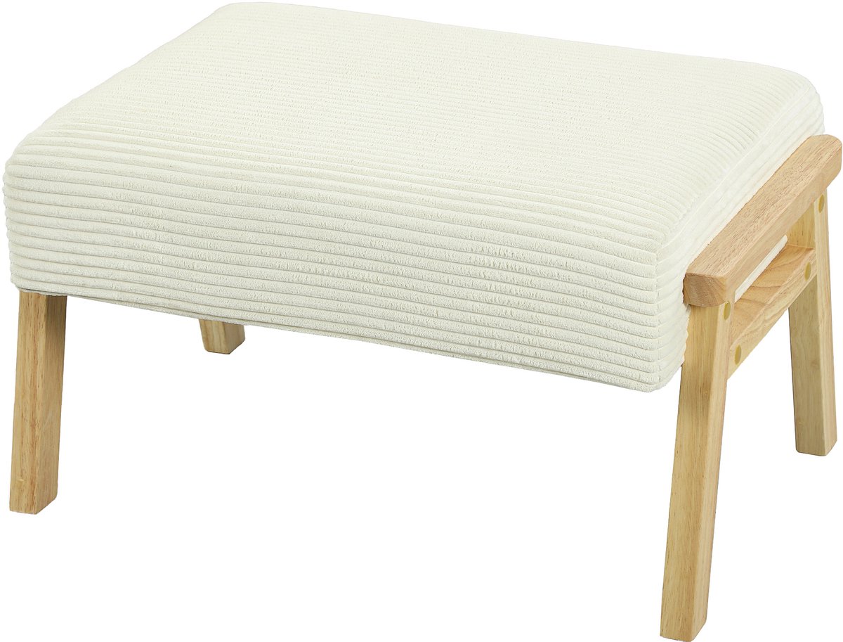 Crèmewitte Voetenbank 70 x 46 x 40 cm, Zithocker met Zachte Zitting, Voetensteun, Gestoffeerde Kruk, Hocker met Cordlook, Zitbankje met Houten Poten, Ottomane, voor Woonkamer, Slaapkamer en Kaptafel, Comfortabel, Tot 120 kg