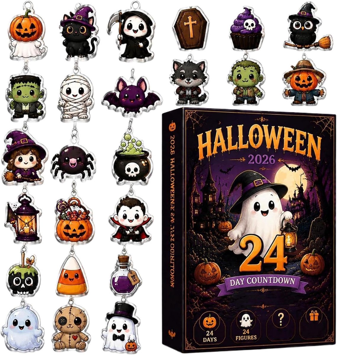 Halloween Aftelkalender - Acryl Hangerset - Grappige Ornamenten - Geschikt voor Boom en Sleutelhanger - Kinderen en Tieners - Feestdecoratie - 24 Delig - Herbruikbaar - Leuk en Kleurrijk