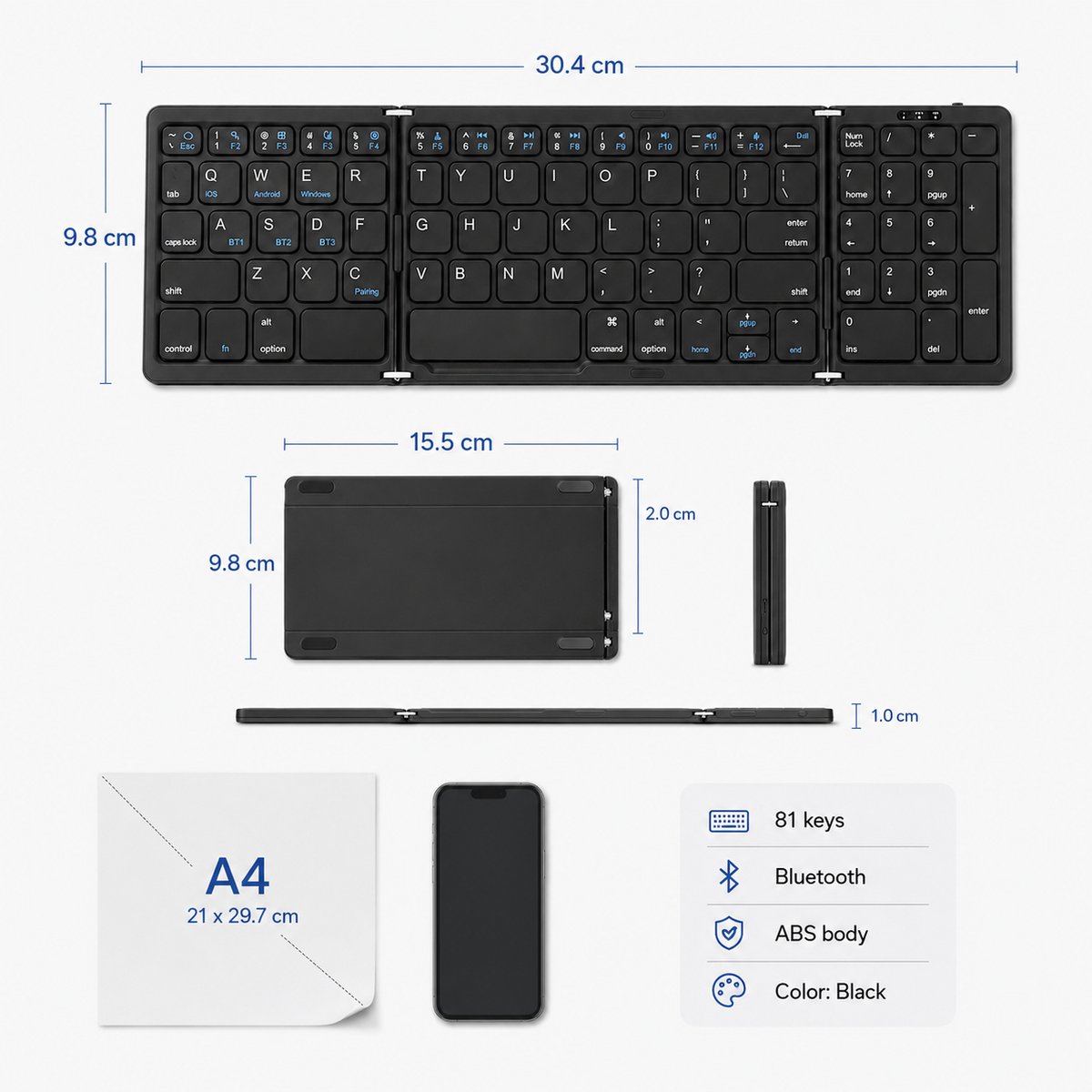Opvouwbaar Toetsenbord - Bluetooth Keyboard - Stabiele Verbinding - Stom - Lange Batterijduur - Voor Tablet Smartphone Laptop Pc Ios Android (zwart) — cadeau in Elektronica - foto 3