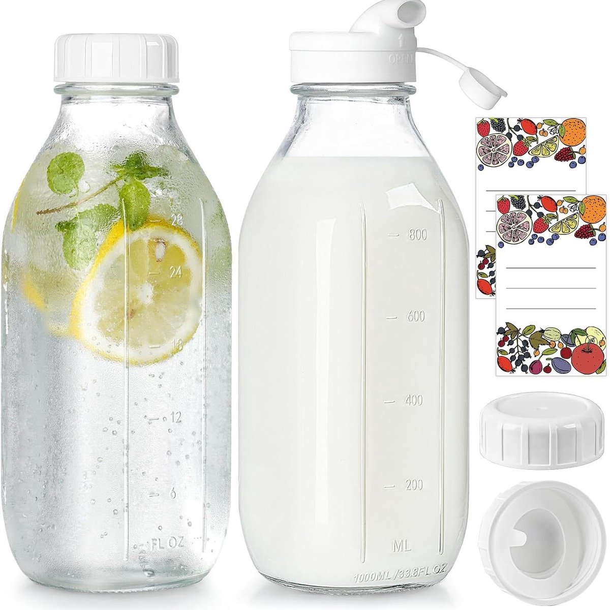 Set van 2 glazen melkflessen 1000 ml met maataanduiding, inclusief afsluitdeksels en etiketstickers, herbruikbare glazen flessen voor melk, sappen en dranken