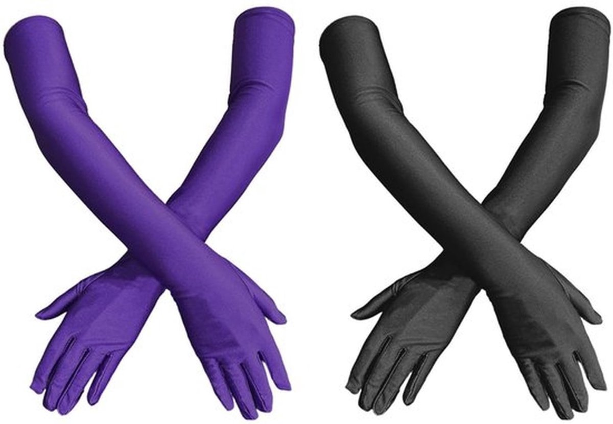 Operahandschoenen 55 cm - 2 Paar - Zwart/Paarse Satijnen Handschoenen - Feesthandschoenen - Jaren 20 Kostuum - Ademend en Comfortabel