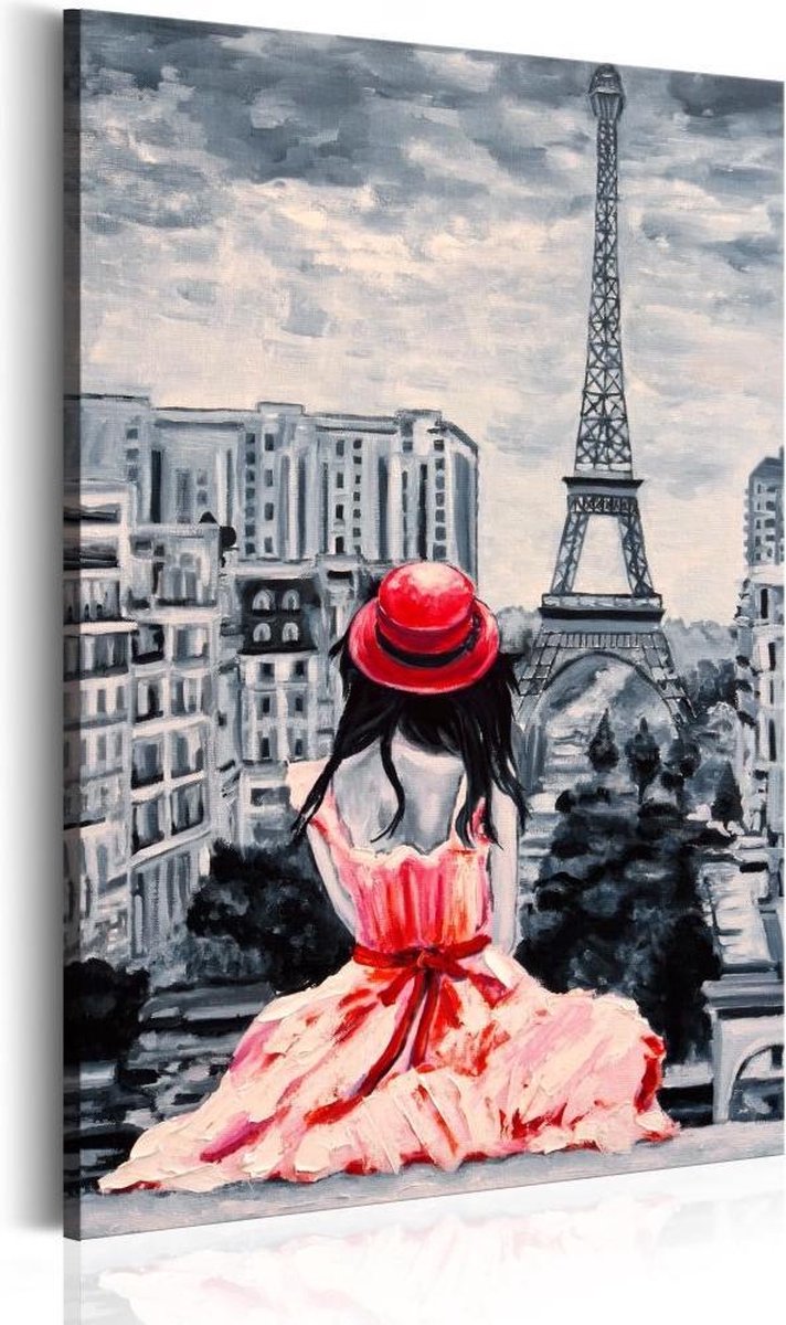 Schilderij - Romantisch Parijs , Vrouw met Rode Hoed | bol