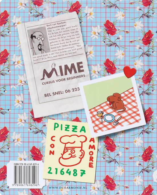 Boek met op de voorkant een krantenknipsel over Bert van Sputum, een collage van een hond en een hartje, en een gele sticker met 'Pizza Con Amore'.