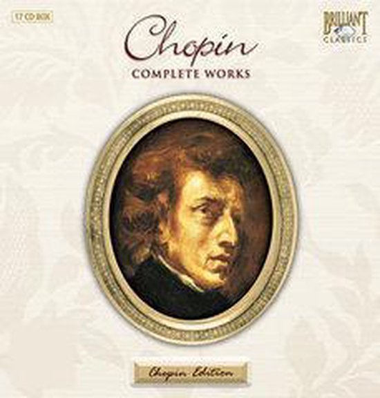 Portret van Chopin in een gouden lijst op een 17-cd-boxset met de titel 'Chopin Complete Works'.