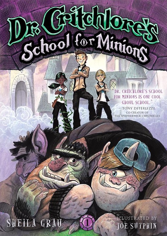 Boekomslag van "Dr. Critchlore's School for Minions" met drie kinderen en drie monsters op de voorgrond.