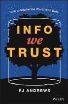 Boekomslag: 'Info We Trust' met een zwarte boom in een glazen cilinder op een blauwe achtergrond met sterren.