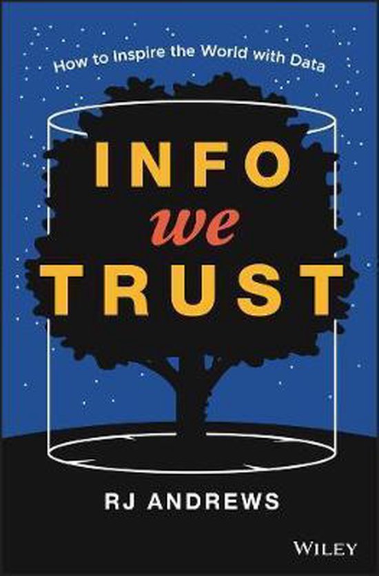 Boekomslag: 'Info We Trust' met een zwarte boom in een glazen cilinder op een blauwe achtergrond met sterren.