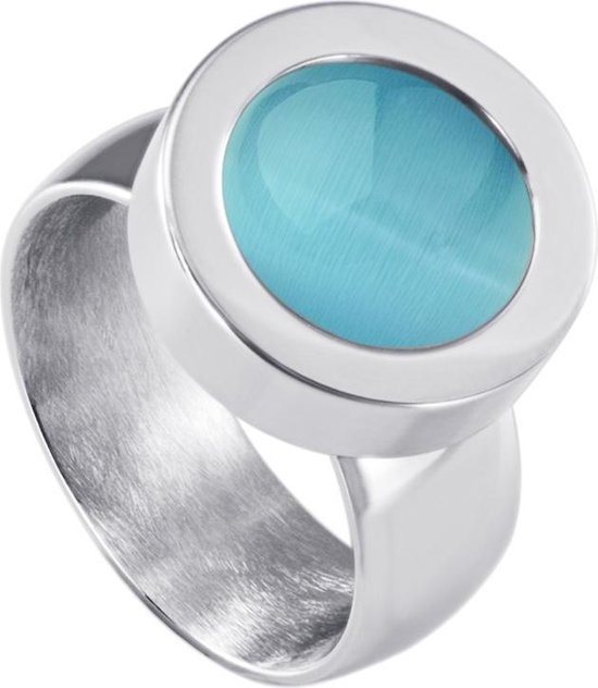 Quiges RVS Schroefsysteem Ring Zilverkleurig Glans 20mm met Verwisselbare Cat's Eye Blauw 12mm Mini Munt