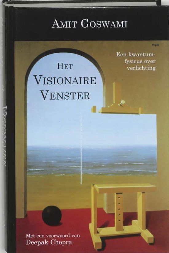 Boekcover 'Het Visionaire Venster' van Amit Goswami met een schilderij van een raam dat uitkijkt op de zee.