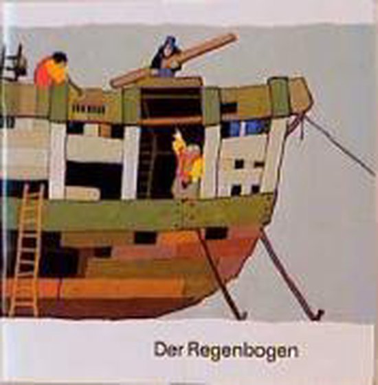 De boot, genaamd 'Der Regenbogen', wordt gebouwd met gekleurde blokken en kleine figuurtjes.