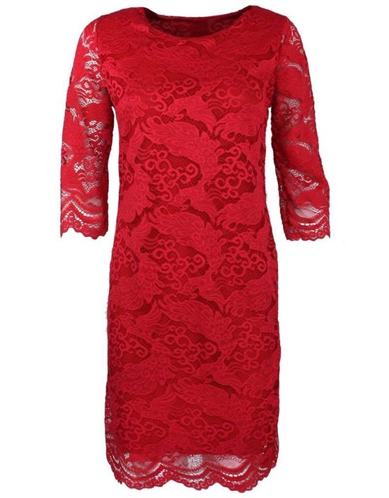 Chique dames jurk rood met kant. One size 