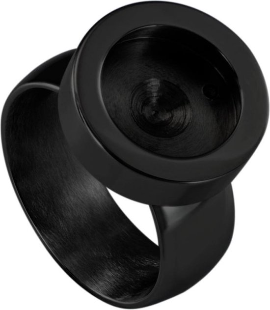 Quiges RVS Schroefsysteem Ring Zwart Glans 18mm met Verwisselbare Tijgersoog Bruin 12mm Mini Munt