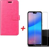 Huawei P20 Lite Portemonnee hoesje roze met Tempered Glas Screen protector
