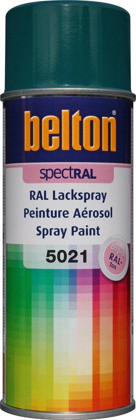 Spuitbus met Belton Spectral, RAL Lackspray, kleur 5021. Gedeelte met kleurverloop van groen naar blauw.
