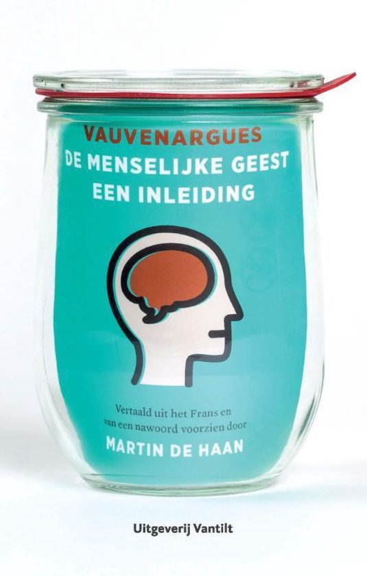 Glazen pot met rode rand, met daarop 'Vauvenargues. De menselijke geest. Een inleiding.' Een witte hoofdillustratie met een bruin brein.