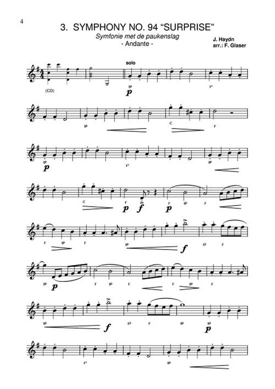 Muziekblad met 4 regels. Titel: 3. SYMPHONY NO. 94 "SURPRISE". Symfonie met de paukenslag - Andante -