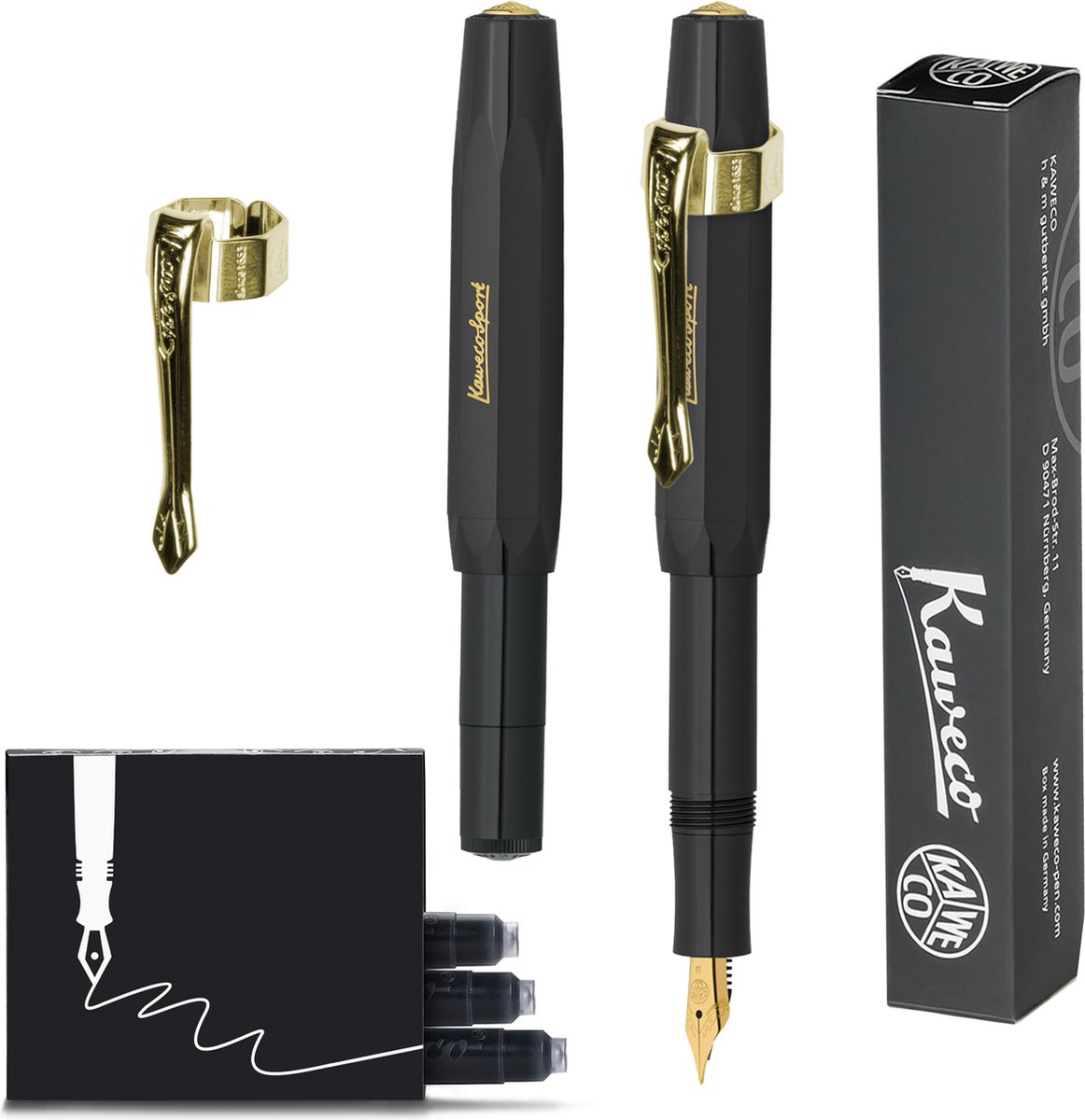 Kaweco (3delig) - Vulpen CLASSIC SPORT ZWART Fountain Pen - Extra Fine - Nostalgie Oktogonal Clip Vergoldet - Doosje Vullingen