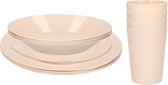 Setje van 12x diner/ontbijt/soep bordjes en 12x bekertjes van afbreekbaar bio-plastic in het eco-beige - 48x stuks totaal