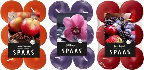 Candles by Spaas geurkaarsen - 36x stuks in 3 geuren - Wild Orchid - Appel-Cinnamon - Berry Cocktail