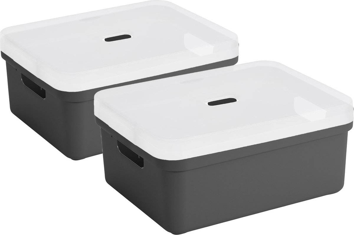 Sunware opbergbox - 2x stuks - 24 liter - antraciet - kunststof - transparante deksel - 45x35x18 cm - Sigma serie