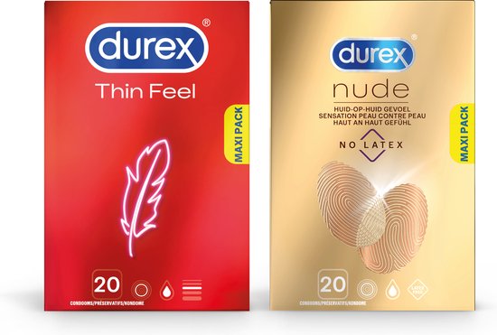 Rood pak Durex Thin Feel condooms met veer-illustratie, en goudkleurig pak Durex Nude No Latex met vingerafdrukken.