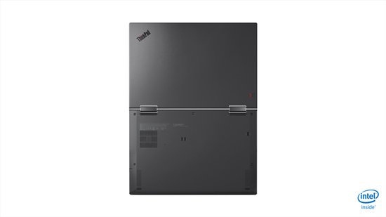 Grijze Lenovo Thinkpad X1 Yoga, bovenaanzicht met deksel open, met zicht op scharnieren en onderkant.