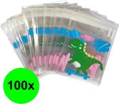 Fako Bijoux® - Cellofaan Zakjes - 100x Uitdeelzakjes - Cellofaan Plastic Traktatie Kado Zakjes - Snoepzakjes - Dinosaurus - 7x7cm