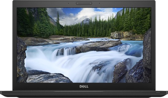 Frontaal aanzicht van een Dell Latitude laptop met opengeklapt scherm en een watervalachtergrond.