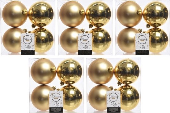 Cinq paquets de quatre boules de Noël incassables dorées, avec des finitions mates et brillantes, 10 cm.