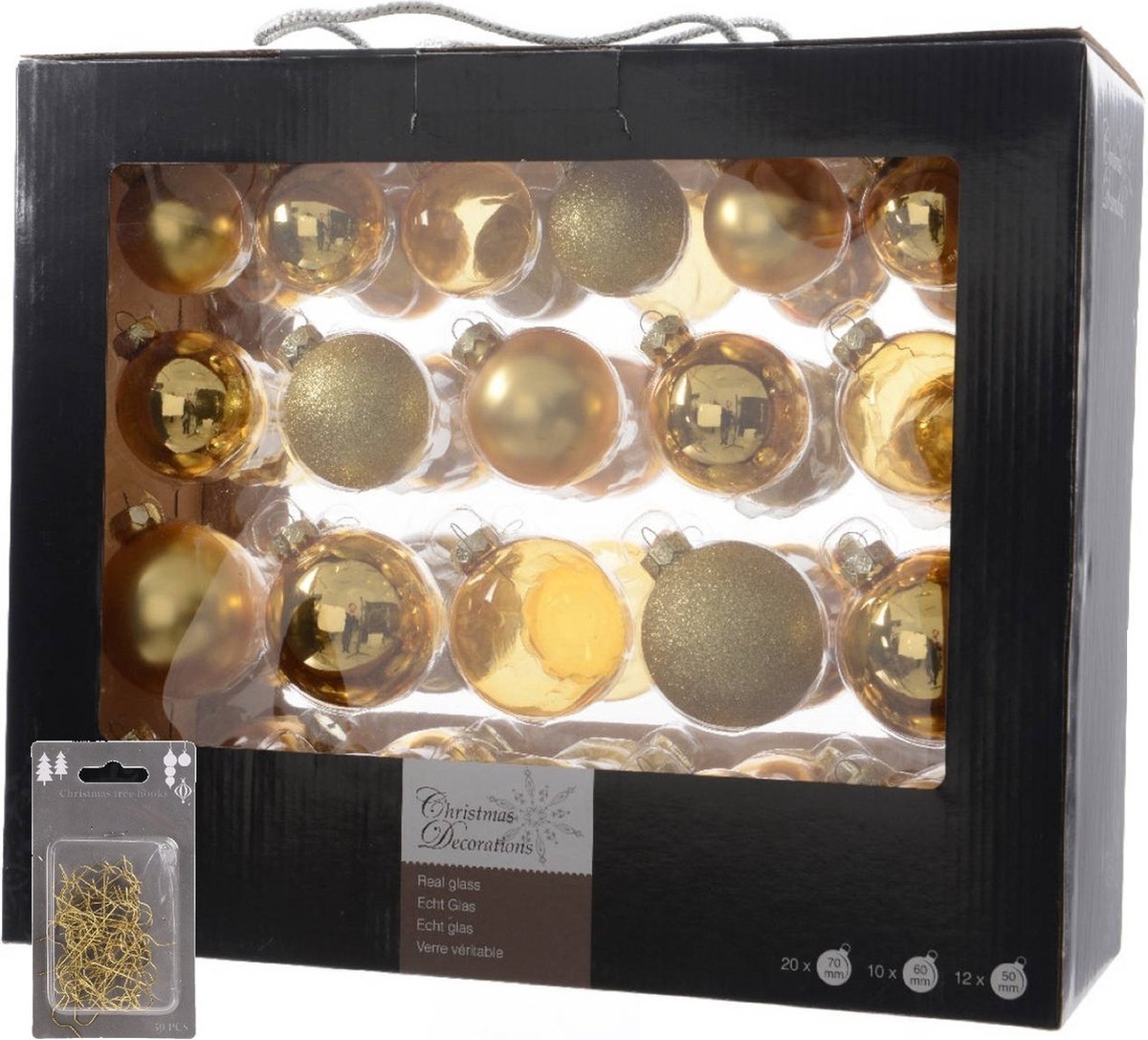 Kerstversiering glazen kerstballen pakket 5-6-7 cm goud mix 42x stuks met goudkleurige haakjes