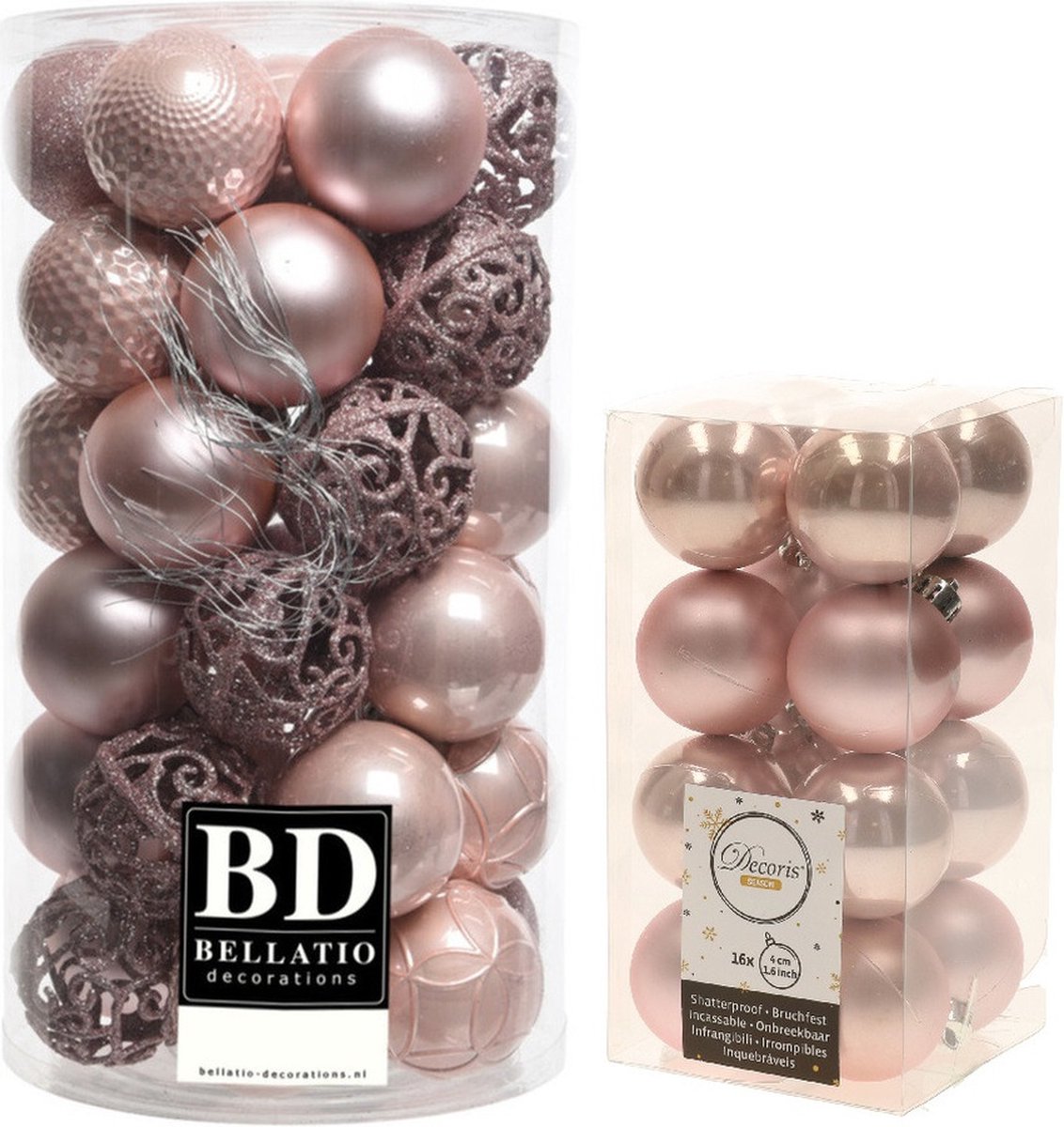 Lichtroze kunststof kerstballen in pakket van 53 stuks, 4-6 cm groot. Kerstboomversiering van het merk Decoris.