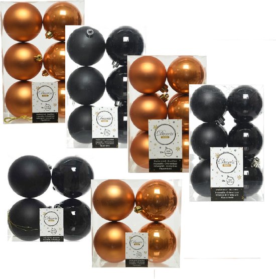 Kerstversiering kunststof kerstballen kleuren mix zwart/cognac 6-8-10 cm pakket van 44x stuks - Decoris