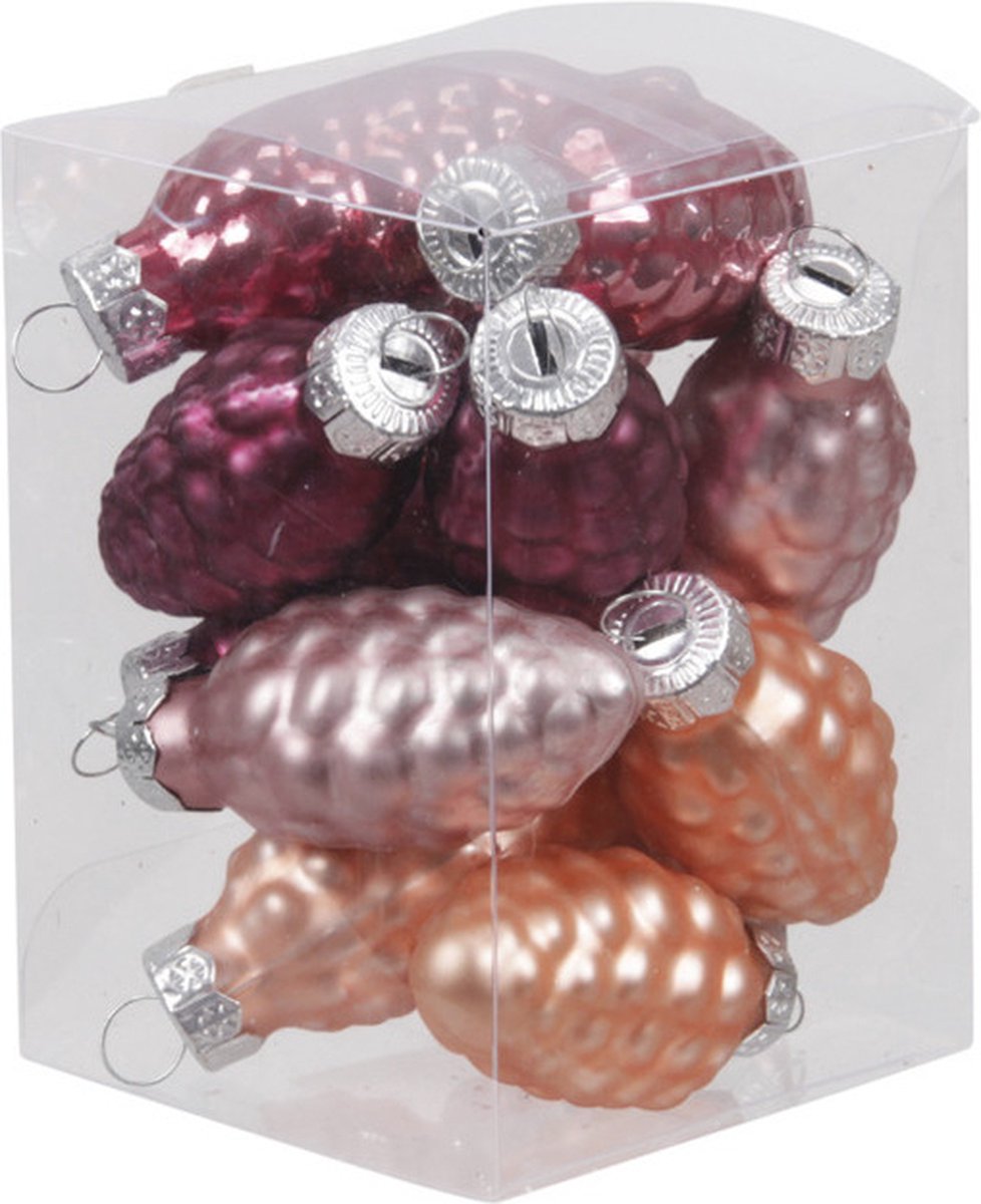 Othmar Decorations 12x Dennenappel kersthangers/kerstballen rood/roze/paars (hibiscus) van glas - 6 cm - mat/glans - Kerstboomversiering Multi