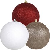 3x stuks grote glitter kerstballen van 18 cm set - Champagne - Wit - Rood - Kerstversieringen