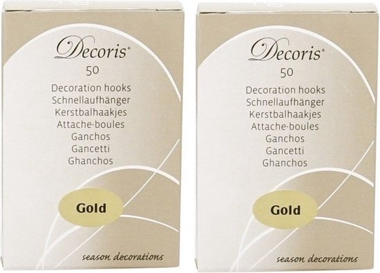 Twee kartonnen doosjes van 'Decoris' met 50 gouden kersthaakjes per stuk. Tekst: '50 Decoration hooks'.
