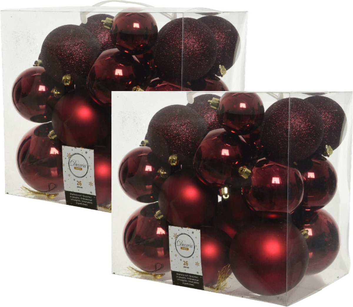 52 oxblood-donkerrode kunststof kerstballen van 6-8-10 cm. Onbreekbaar plastic met Decoris-merk.
