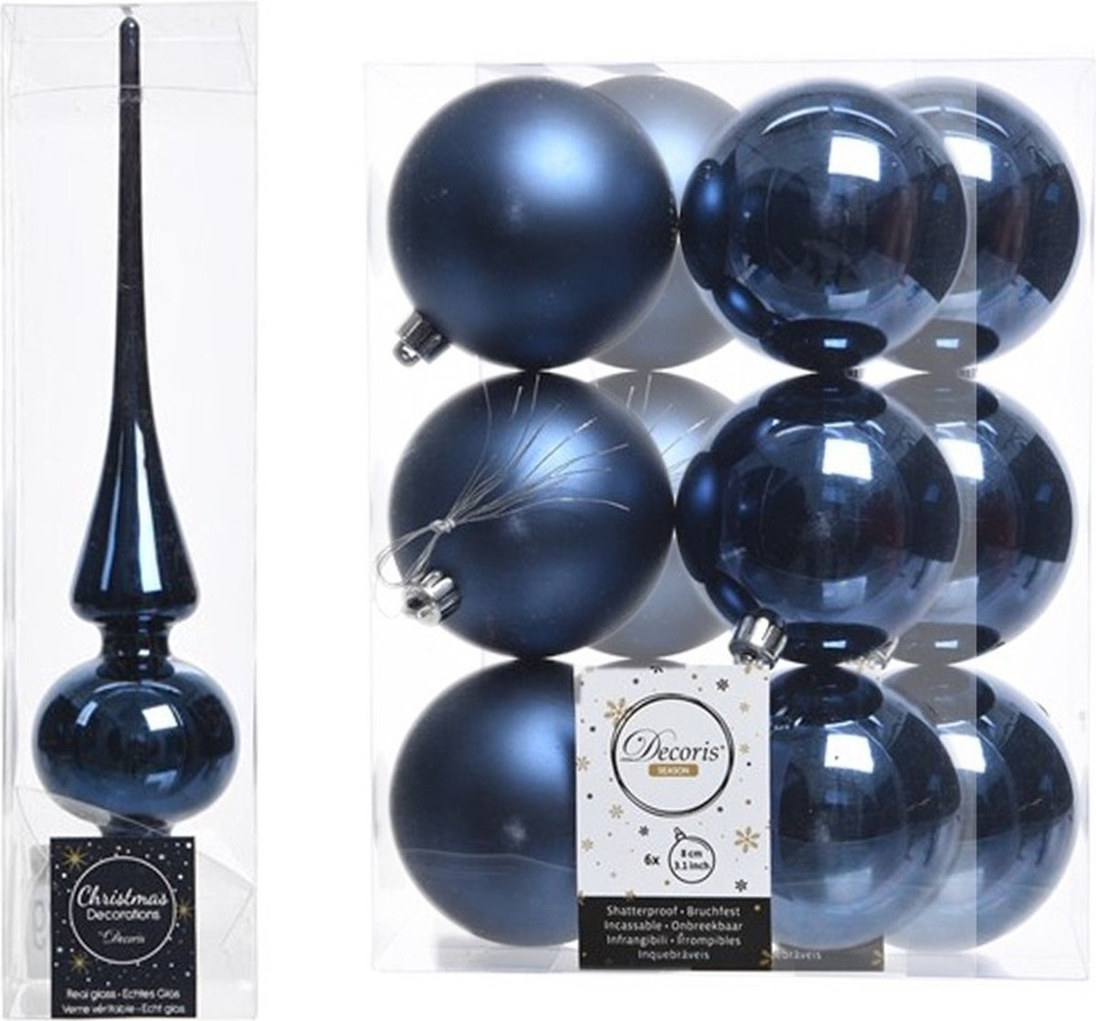 Kerstboom decoratie blauw piek en 12x kerstballen 8 cm