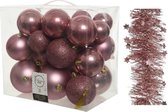 Kerstversiering kunststof kerstballen 6-8-10 cm met sterren folieslingers pakket oud roze van 28x stuks - Kerstboomversiering
