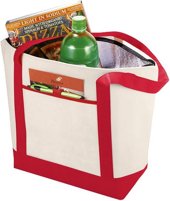 Shoppartners draag Koeltas - hengsels - naturel/rood - met 4x koelelementen van 200 ml - 44 x 34 x 15 cm van Shoppartners — afbeelding 4