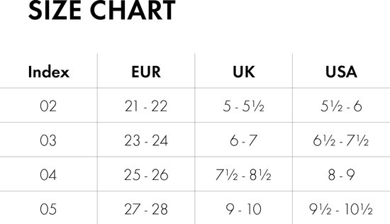 Maattabel voor Falke huissokken: Index 02 t/m 05, EUR 21-28, UK 5-10, USA 5-10.5.