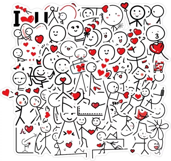 50x sticker Doodle Love Poppetjes – Valentijn – Schattige Kinderstickers – Liefde – Verliefd – Tekening Poppetje Hartje voor op de fiets, beker, laptop, schoolspullen, kamer, etc – School – Kinderen – Stickers – Plakken – Stikker – Bundel – Set – 50