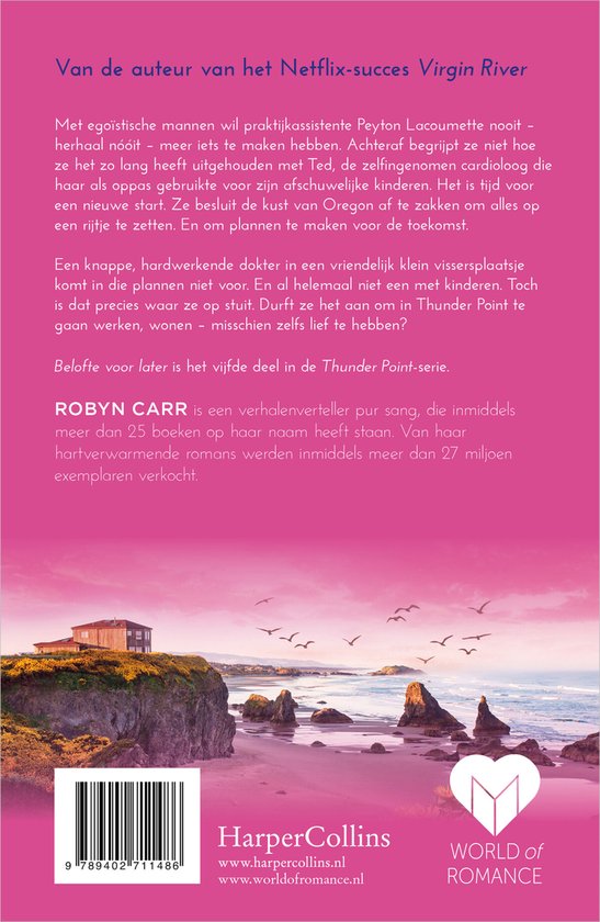 Achterkant van het boek "Thunder Point: Belofte voor later" van Robyn Carr met een huis op een klif aan zee.
